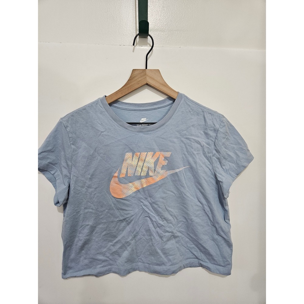 Nike Womens Light Blue Graphic Logo Crop Top Short Sleeve T-Shirt Size Large‎